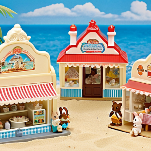 Home 15 A sprawling display of Sylvanian Families, showcasing a meticulously recreated seaside village. Include a miniature ice cream parlor, a sandy beach, and various Sylvanian characters enjoying a sunny day. The display should highlight the detail and artistry of the collector, with clear acrylic risers creating different levels and miniature accessories adding interest. Focus on a bright and cheerful color palette.