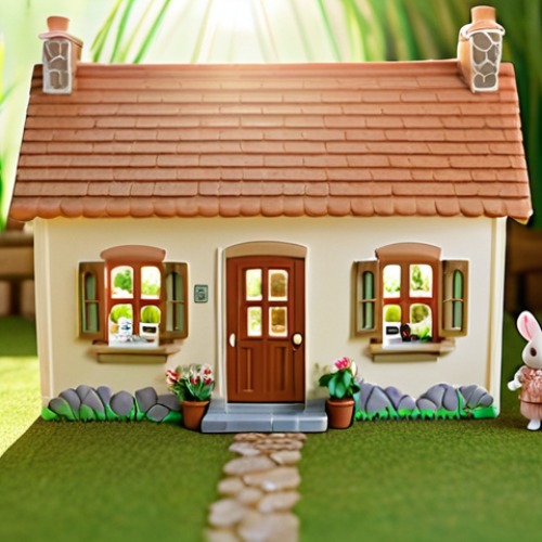 **Prompt:** Cozy Cottage Starter Home: A charming Sylvanian Families cottage nestled in a lush green meadow, sunlight streaming through the windows, illuminating the miniature furniture and flocked figures inside. Style: Whimsical, fairytale illustration.
