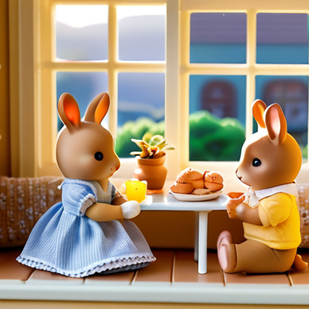 **Prompt:** Cozy Sylvanian Families home scene, golden hour lighting, window sill setting, miniature books and food props, figures posed in conversation.