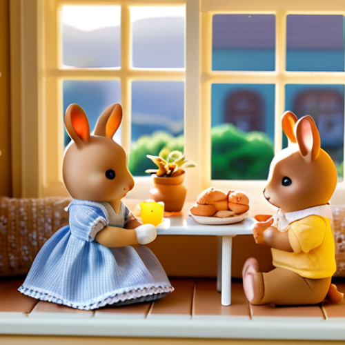 Home 7 **Prompt:** Cozy Sylvanian Families home scene, golden hour lighting, window sill setting, miniature books and food props, figures posed in conversation.