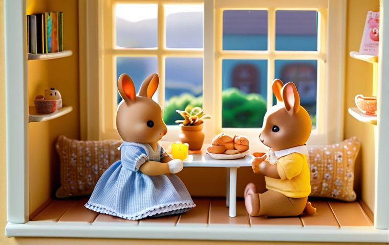 **Prompt:** Cozy Sylvanian Families home scene, golden hour lighting, window sill setting, miniature books and food props, figures posed in conversation.