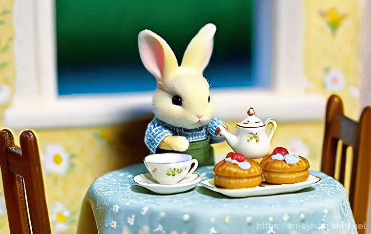 실바니안 가족 사진 콘테스트 참가 방법 - **Prompt:** A cozy morning scene inside a Sylvanian Families cottage. A Chocolate Rabbit mother, wea...