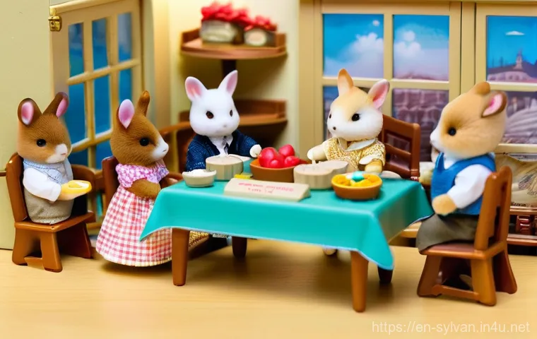 실바니안 가족 교환 및 리셀 팁 - **Prompt:** A close-up, highly detailed shot of an adult's hands gently arranging various Sylvanian ...