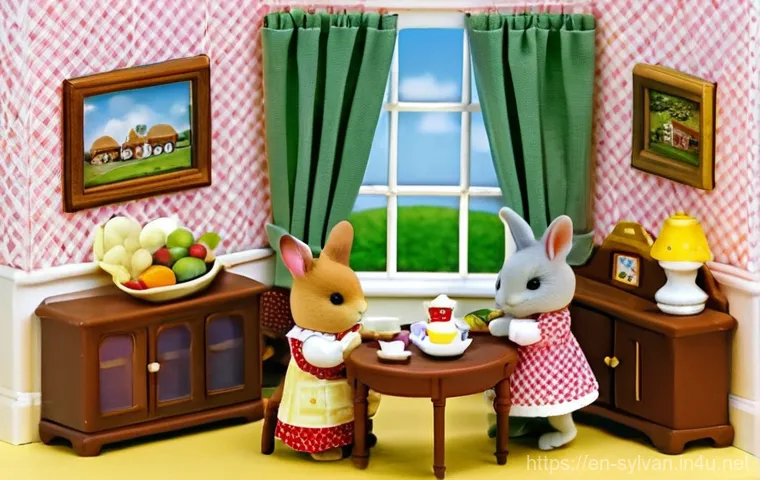실바니안 가족 정식 라이센스 정보 - **Prompt:** A warm and inviting scene inside a meticulously furnished Sylvanian Families cottage. A ...