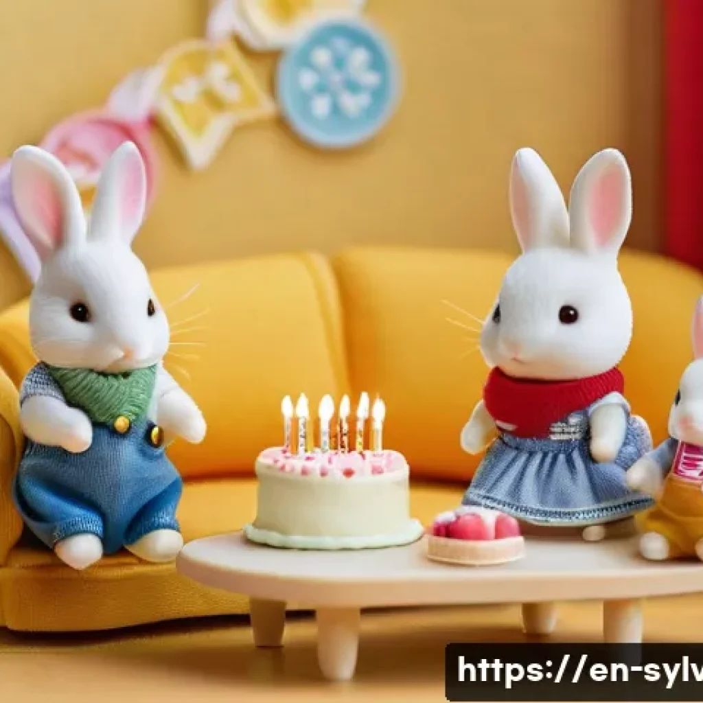 실바니안 가족으로 만드는 소셜미디어 콘텐츠 - A cozy miniature Sylvanian Families scene depicting a family birthday party in a warm living room se...