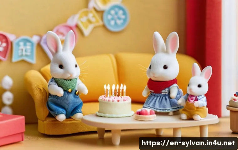 실바니안 가족으로 만드는 소셜미디어 콘텐츠 - A cozy miniature Sylvanian Families scene depicting a family birthday party in a warm living room se...