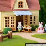 실바니안 가족 스토리 배경 - A cozy miniature Sylvanian Families village scene during a sunny spring day, featuring soft pastel-c...