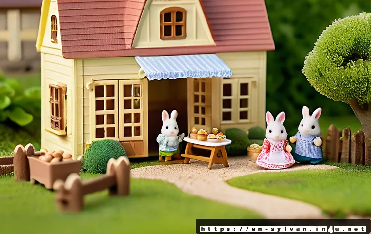 실바니안 가족 스토리 배경 - A cozy miniature Sylvanian Families village scene during a sunny spring day, featuring soft pastel-c...