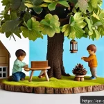 실바니안 가족과 자연친화적인 놀이 방법 - A charming woodland play scene featuring children&rsquo;s eco-friendly craft projects made from natural ma...