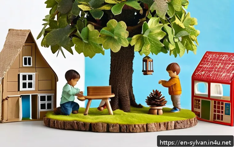 실바니안 가족과 자연친화적인 놀이 방법 - A charming woodland play scene featuring children&rsquo;s eco-friendly craft projects made from natural ma...