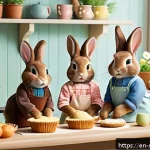 실바니안 가족 캐릭터 성향 분석 - A warm, cozy scene featuring the Chocolate Rabbit Family in their quaint countryside home, with soft...