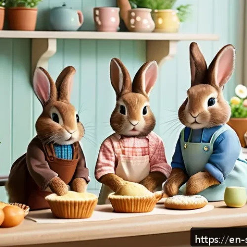 실바니안 가족 캐릭터 성향 분석 - A warm, cozy scene featuring the Chocolate Rabbit Family in their quaint countryside home, with soft...