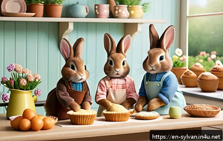 실바니안 가족 캐릭터 성향 분석 - A warm, cozy scene featuring the Chocolate Rabbit Family in their quaint countryside home, with soft...
