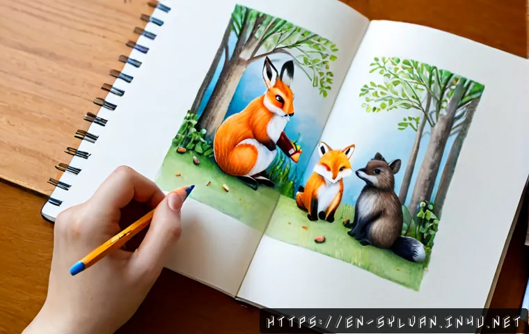 실바니안 가족 팬아트 그리는 법 - Photorealistic overhead view of a tidy home art desk where an adult artist draws an original cute wo...
